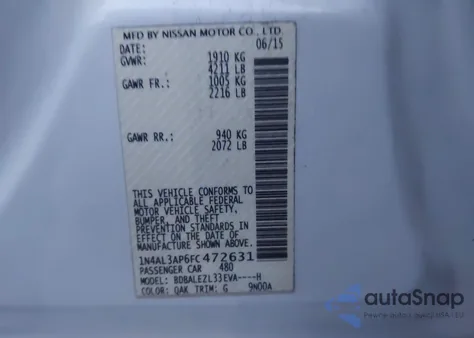 2015 Nissan Altima 2.5 S from USA, damaged, VIN 1N4AL3AP6FC472631